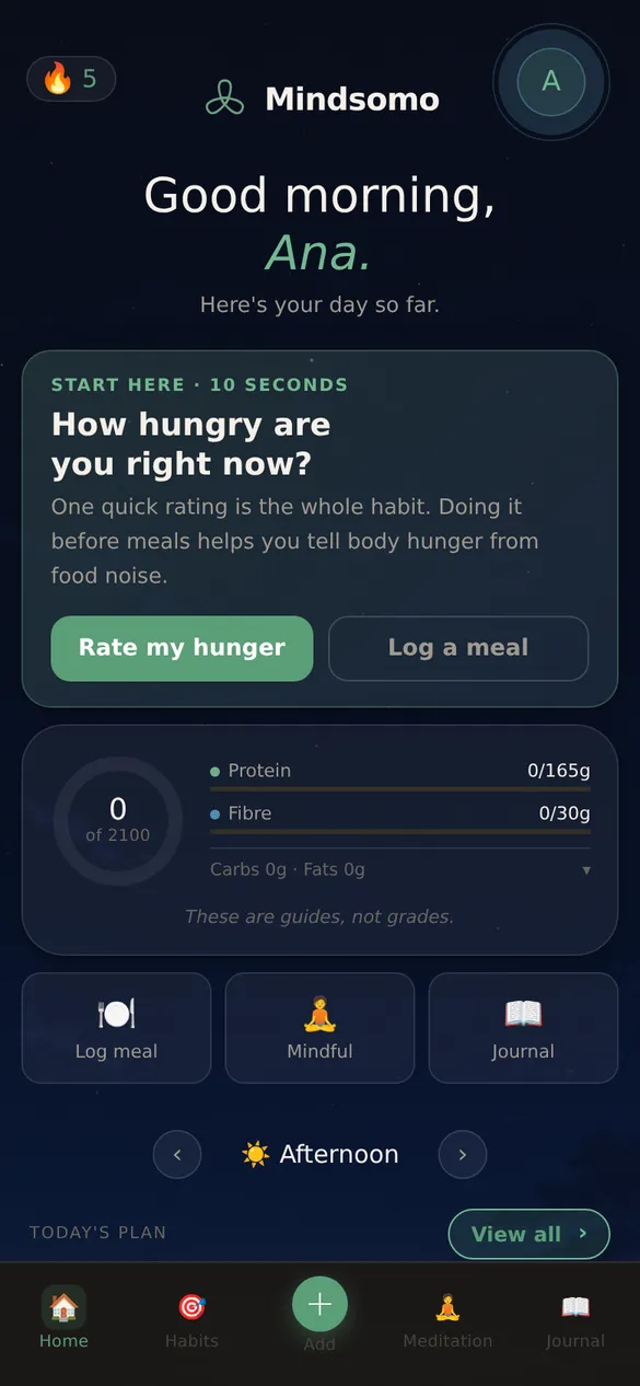 Mindsomo home screen asking how hungry you are right now