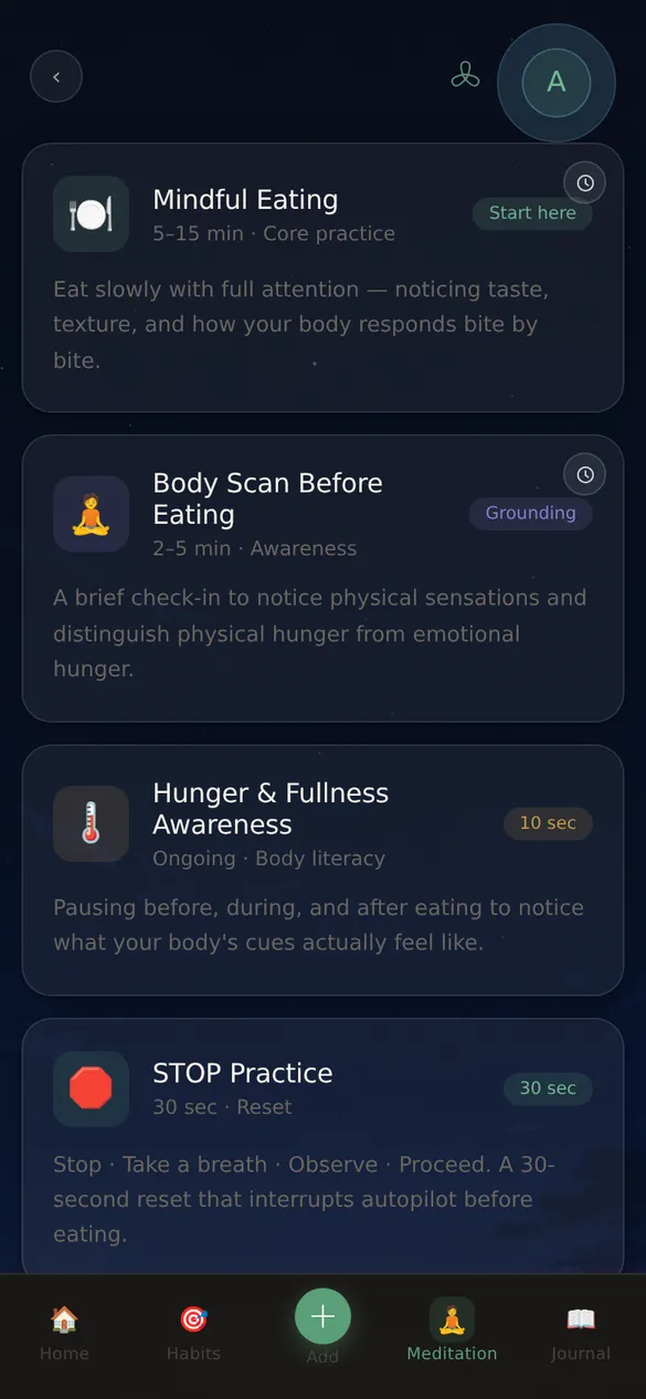 Meditation screen listing Mindful Eating, Body Scan and STOP practices